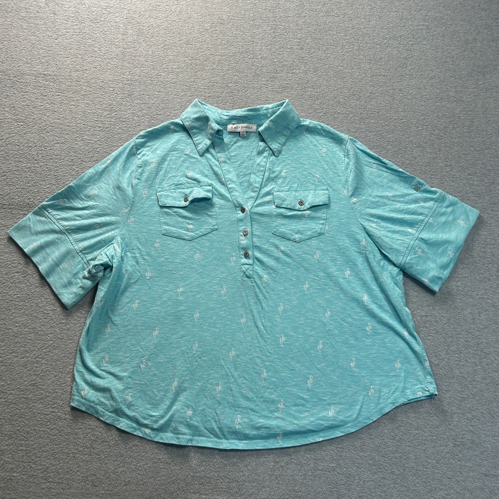 Emily Daniels Henley Popover Blouse Womens 1X Turquoise Flamingo Print Plus Size